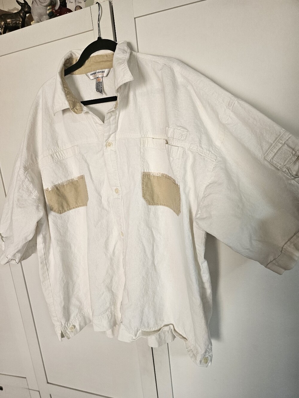 Vintage HipHop History Linen Shirt 3XL White Cotton Blend Short Sleeve Big Tall